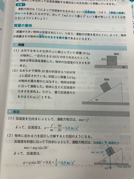 高校 物理 物理基礎 この問題(2)では、斜面に沿って運動したとあります ここでは(mg cos30°)が垂直抗力とつり合っていて、 (mg sin30°)が最大摩擦力を超えたから動いたということであっていますか? すなわち、重力(mg)>垂直抗力(N)+最大摩擦力(F) ということですか？