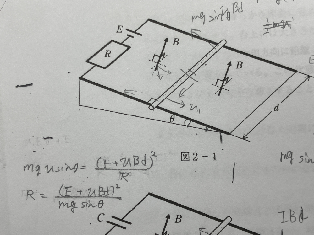 電磁気の問題で質問です。 書き込んであって見にくいかもしれません。すみません。貼付した図のように質量m抵抗無視できるの導体棒を転がしてやがて速さが一定vになりました。抵抗Rの抵抗値を求めよ。 という問題です。私は単位時間あたりの位置エネルギーの減少と消費電力が一致すると思って解いたのですが、(こんな風に↓) mgsinθ={(E+vBd)^2}/R 答えが合いません。間違いの指摘をお願いしたいです。 解説では、導体棒に働く力のつりあいより流れる電流を求めてからキルヒホッフ第2を使ってました。答えはR=Bd(E+vBd)/mgsinθ です。