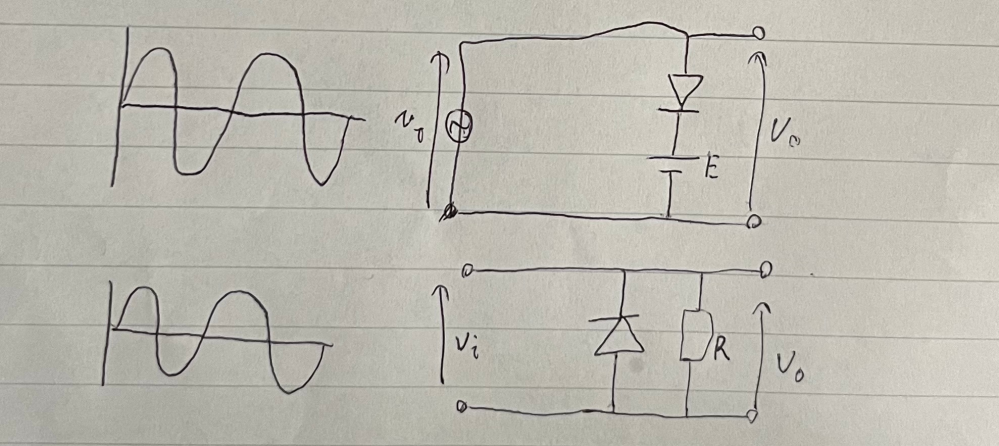 出力波形について質問です。 ど忘れしてしまって。写真の回路に入力電圧をかけた時、出力電圧波形はどのような形になるか教えていただけますでしょうか