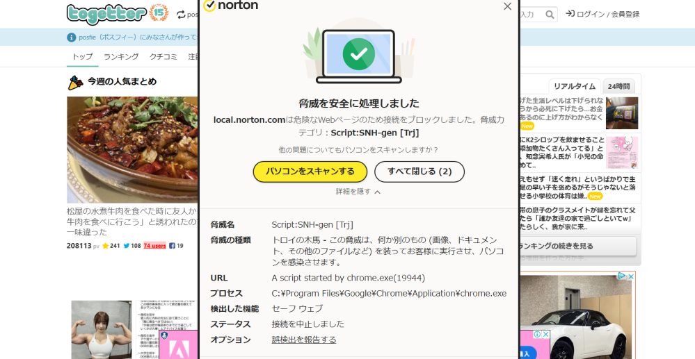 togetterというXのツィートをまとめたサイトで、最近常にノートン先生が反応してトロイの木馬があると警告が出ます。 トロイを仕掛けてくるようなサイトではないと思うのですが、この場合は何に反応していると考えられますでしょうか？