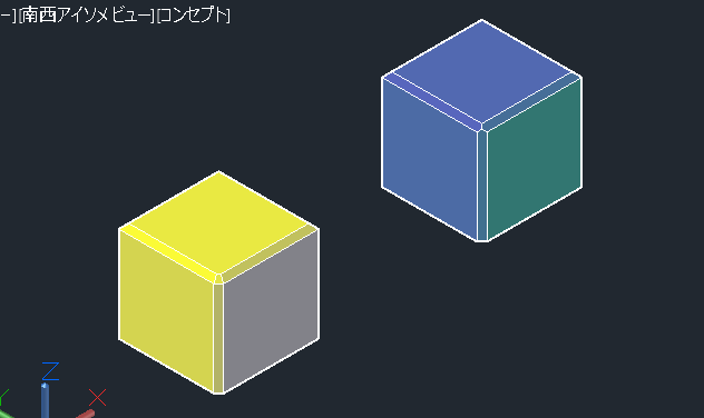 AutoCAD2024 3D の面取りについて質問です。 オブジェクトの全ての角を面取りしたいのですが、角の部分がくぼんだような絵になったり、台形になったりします。 目指しているのは三角形なのですが、どうやったら角が三角形になりますか？ くぼんでる方（青い方） 上面を最初に面取りしたあと、手前の高さ方向の角の面取りをしました。 台形の方（黄色い方） 手前の高さ方向の角を先に面取りし、あとから上面を面取りしました。 どちらも「面取りエッジ」をつかい、距離は50です。 よろしくお願いいたします。