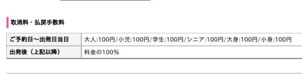 【至急】 高速バスの払い戻しについての質問です。 バス代が4000円だったとします。 これは予約日〜出発時当日までにキャンセルすれば、3900円返ってくるということですか？ それとも、100円しか返ってこないのでしょうか？ 至急よろしくお願いします。