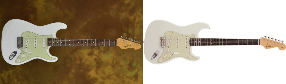 Fenderのギターについての質問です。 Fender Made in Japan Traditional 60s Stratocaster Olympic White (画像右)はUNISON SQUARE GARDEN 斎藤宏介さんがメインで使用しているAtelierZ L.E.S (画像左)ほどボディの色が白くないのでしょうか？ また、FenderのピックガードをL.E.Sの色に近づけるために交換するのにはどのくらい費用がかかるでしょうか？ 実物を見たことある方や、斎藤さんのギターについて詳しい方、解答お願いします。 参考サイト https://www.atelierz.co.jp/product/les.html https://www.fender.com/ja-JP/electric-guitars/stratocaster/made-in-japan-traditional-60s-stratocaster/5361200305.html