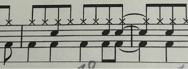 ドラムについて質問です！写真のバツはどこを叩けばいいですか！シンバルですか、？ハイハットですか。？