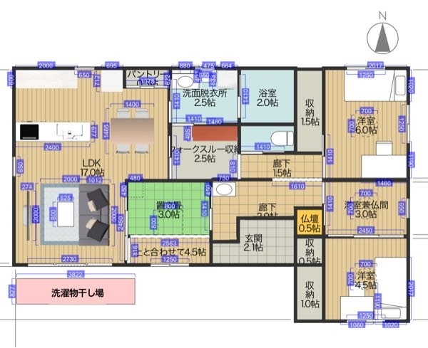 平屋の間取りについて提案や意見をお願いします。 前回も質問したのですが、廊下やホールを削りLDKを広げました。 【環境，条件】 西 道路 (交通量がある) 南 私道 北 二階建て他家 東 空き地 (他に人は住まない) 26坪程度 (広くても30坪以内) 2LDK〜3LDK 人数、2人(たまに子供が帰省) 上記の環境のため、 南玄関 (玄関の位置はだいたいここがいいです) 西、南側にLDK 東に寝室、個室 (静かさ優先) 北に水回り を考えていますが，玄関の前がトイレになったり、無駄があるのでアドバイスをいただきたいです。 見えないようにトイレの前に壁を置いたりしたのですが収まりが悪いので。 ⚫︎間取りの外枠を変えずに良い間取りのアイディアがありましたら教えていただけますでしょうか。 よろしくお願いします。 【補足】 アプリの初期設定のため，ドアや幅などは適当です。 家具やキッチンなどのサイズも適当です。 仏間が必要。西側に仏壇を置きます。隣の部屋とつながります。 真ん中の置き畳の部屋は客間や，洗濯道具置き場，部屋干し場