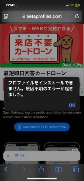 iPhone6に iOS 15 beta profileをダウロードしようとするとプロファイルエラー無効な署名が含まれていますど出てダウロード出来ません。対処方法はあるのでしょうか？ どうぞ宜しくお願い致します？ https://betaprofiles.com/install/ios-15/