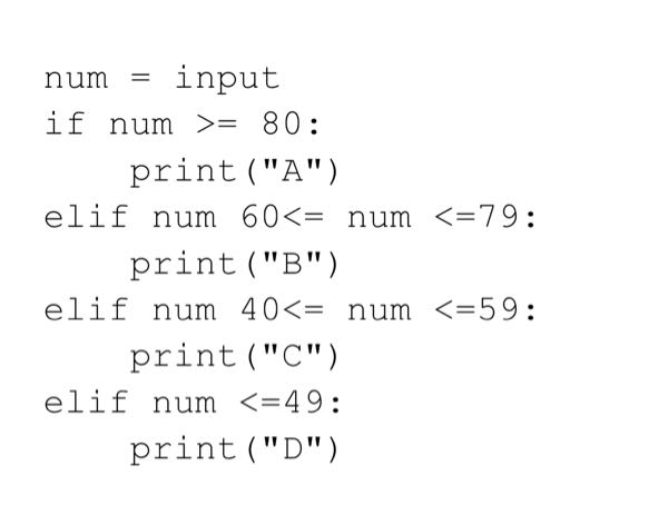 Pythonのif文についてです。 3種類ある if 文を適宜用いて，以下の条件で入力された値を判定・表示します。 ①変数名は，num とせよ。 ②80以上なら「A」， 60～79なら「B」， 40～59なら「C」，39以下なら「D」と判定・表示せよ。 画像のように入力しましたが上手く行きませんでした。どこを直せばいいでしょうか。(＜=49は39に治してます)