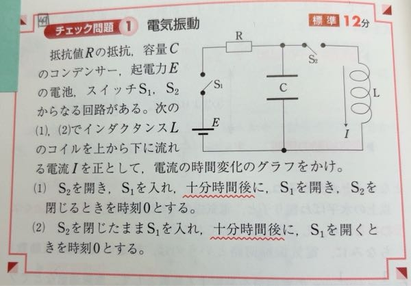 物理の電気振動の質問です。(1)です。 以前同じ問題を投稿した時いただいた回答でt =0の時起電力Eから電気量Q=CEでQはcosになるので電流Iはsinの形で表される、といただき解答にも合致しているので一時は納得しましたが、別の問題や重要問題集の公式とサイトの記述は、RLC並列回路のコイルの電流をcosの形で表しているのを見て混乱しました。 来週試験がありわからないことに緊張が止まらないので、どなたか教えていただきたいです。