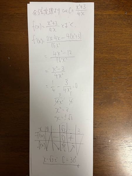 高校数学 三角形ABCにおいて3辺 AB,BC,CAの長さが、それ ぞれ1,2,xであるとする。三角形ABCの内角Cを最大にするxの値を求めよ。また，そのときの最大値を求めよ。 この問題で写真の回答は正しいですか？