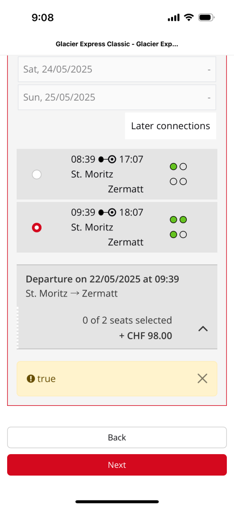 スイス 氷河特急の予約に関して教えてください！ 夏にスイスに行くので、氷河特急の予約をしようと思っています。 1stクラスの2人席を狙っているので、シーズンということもあり、販売開始ぴったりに購入しようとシミュレーションしています。 ですが、座席を希望の場所に変更して、次へ進もうとすると、写真のようなエラーがでて進めません。 最初に割り振られた席をタップして、希望の席を選択しているのですが、「0 of 2 seats selected」ということは選択できていないということでしょうか？ それか同時にこの席を狙っている人がいて仮押さえされているということでしょうか？ お詳しい方いらっしゃったら教えてください！