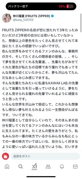 るなぴのXのポストについてですが。 夢を見させてくれる先輩達とは誰のことですか？ FRUITS ZIPPER