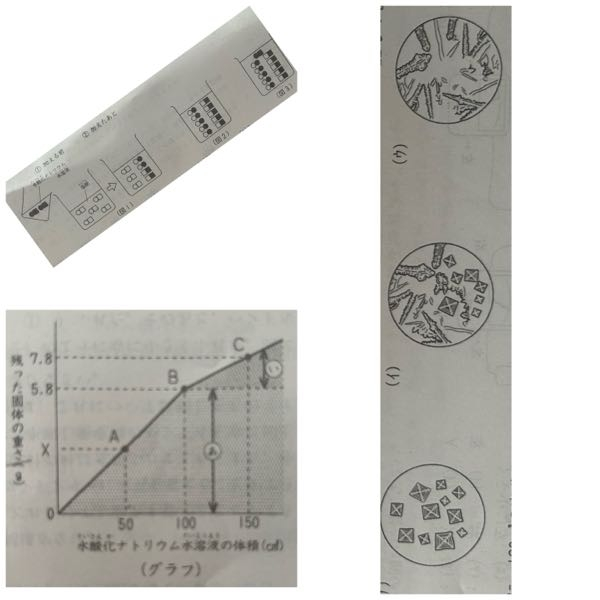 （図1）は塩酸120㎤に少量の水酸化ナトリウム水溶液を加えたときの反応の様子を模式的に表しています。 また（図2）は（図1）の①と同じ量の塩酸に塩酸中の塩酸の溶質のつぶと同数の水酸化ナトリウムのつぶがとけた水酸化ナトリウム水溶液を加えたあとのようすをそれぞれ模式的に表しています。これについて次の問いに答えなさい。 問1 （図1）〜（図3）にかかれた◯●は溶液を熱すると蒸発してしまう物質で⬜︎⬛︎は溶液を熱すると個体として残る物資です。◯●と⬜︎⬛︎は何ですか。下から選び記号で答えなさい。 （ア）食塩（イ）塩酸の溶質（ウ）水素（エ）黄色 →◯●ア ⬜︎⬛︎イ ？ 問2 （図1）（図2）で反応が終わったあとの溶液にそれぞれ緑色のBT B液を2.3てきずつ加えると、何色になりますか。下から選び、それぞれ記号で答えなさい。 （ア）青色（イ）紫色（ウ）緑色（エ）黄色 →（図1）中性だからウ ？（図2）アルカリ性だからア ？ 問3 （図2）（図3）の溶液を1てきずつスライドガラスにとり、熱して水分を蒸発させ、あとに残った固体を顕微鏡で観察するとどのように見えますか。（ア）〜（ウ）から選びなさい。 →（図2）ア ？（図3）イ ？ 次に150㎤の塩酸が入ったビーカーをいくつか用意し、これらにそれぞれいろいろな量の水酸化ナトリウム水溶液を加えて混ぜ合わせたあと、それぞれの溶液を蒸発皿にうつし、熱して水分を蒸発させ、残った固体の重さをしらべま。（グラフ）は加えた水酸化ナトリウム水溶液の体積と、残った固体の重さとの関係をまとめたものです。 問4 （図2）と同じようすを表しているのは（グラフ）のA〜Cなゃどの点ですか。記号で答えなさい。 → B ？ 問5 （グラフ）の（あ）（い）は何を表していますか。下から選び記号で答えなさい。 （ア）食塩の重さ（イ）塩酸の溶質の重さ（ウ）水酸化ナトリウムの重さ（エ）水の重さ。 →全然わかりません。 問6 水酸化ナトリウム水溶液を50㎤加えたとき、残った固体の重さ（X）は何gですか？ →2.9g ？ 問7 この実験で使った水酸化ナトリウム水溶液100㎤には何gの水酸化ナトリウムが溶けていますか？ →解説をお願いします。