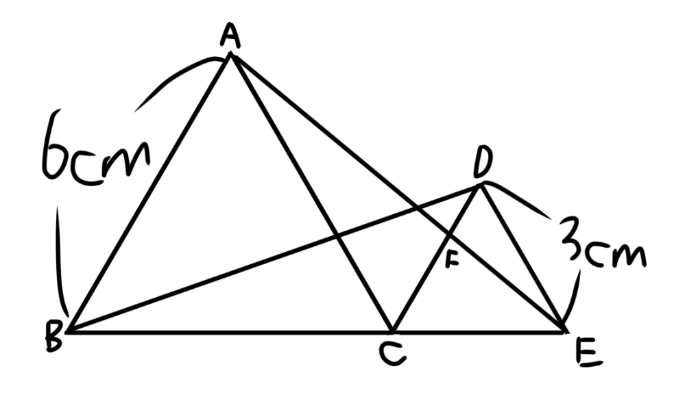 中学数学です△ABCと△DCEが正三角形の時BF:FDを求めよという問題で解説にはAEとCDの交点をGとした時AC//DEであるからCG:GD=AC:ED=2:1と書いてあるのですがなぜCG:GDが2 :1となるのか分かりません。詳しく解説をしてくださると嬉しいです。よろしくお願いします。