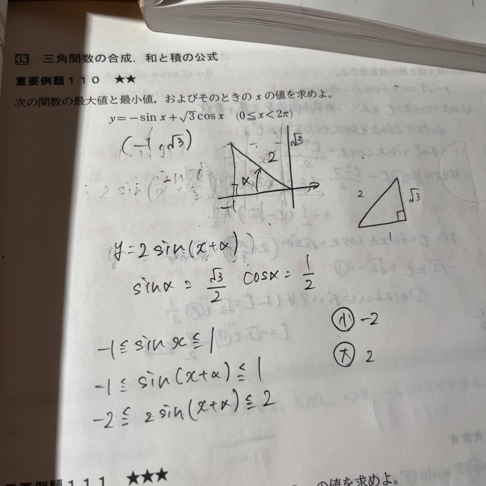 至急 数2 三角関数の合成 このような方法で最大最小を求めるとこまではわかったのですが、ここからxの値を求めるにはどうすればいいか教えてください