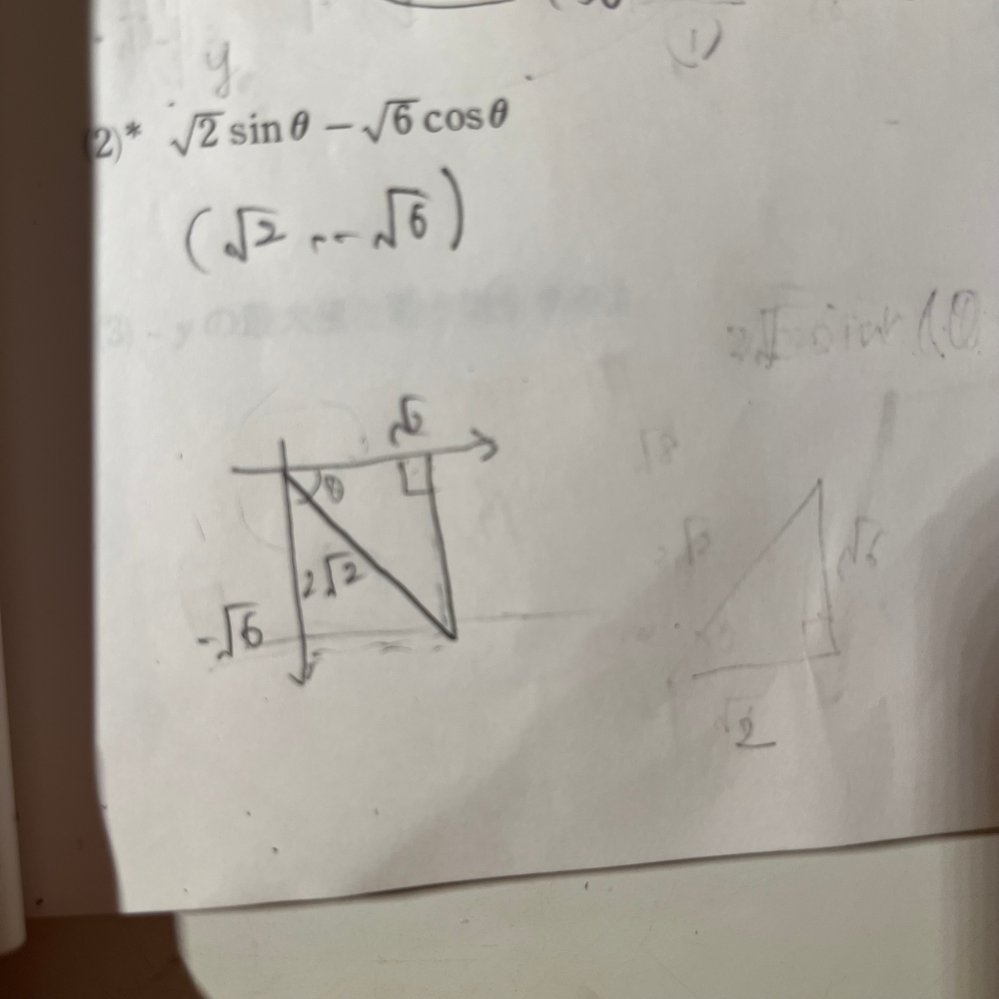 至急 数2 三角関数の合成 rsin(θ+α)の形に変形せよ。ただしr＞0、－π＜α＜πとする。 という問題で、(2)をこの図から三角形の角度(α)を求めるにはどうしたらよいか教えてください