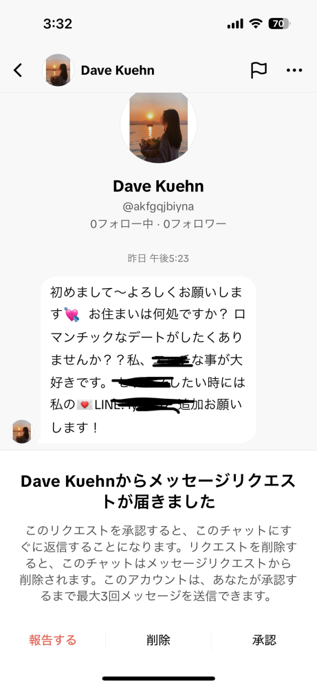 DMリクエスト欄にこんなメッセージが届いていました。どうすればいいですか？無視してブロックするのが普通だと思います。が、拒否dmまたは嘘の情報を送るとどうなりますか？ 例えば今はアメリカにいるので無理ですとか。