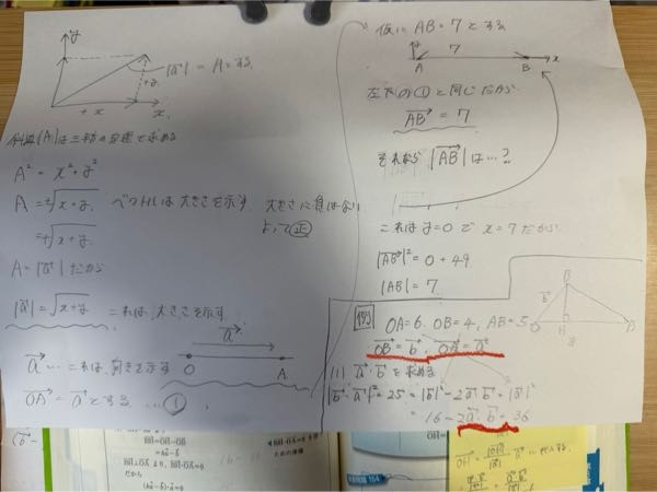 (至急 めっちゃ基礎なのですぐ教えて欲しいです) ベクトルの問題についてです。 どこで認識を間違っているのかわからなくなったので、根本から整理してみたのですが、やっぱり納得いきません。 赤線部分で問題文がa↑・b↑を求めるためa↑・b↑＝の形にしなきゃいけないのはわかってるんですけど、a↑とb↑にOA＝6とOB＝4を入れてはいけない理由がわからないです。 教えてください。