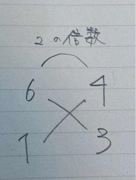 数学の「たすきがけ」で、下記のような図を用いる場合に、「同じ数（2以上）の倍数が並ぶことはない」ことを知りました。なぜですか？