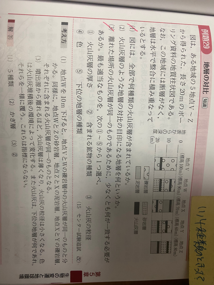 地学基礎です。以下の問題（１）について、解説通り[地層が一致する]という点は理解できましたが結果的に何をもって5種類となったかが分からない為教えて頂きたいです。 よろしくお願い致します。