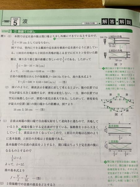 至急お願いしたいです。 物理基礎の問題について質問です。 この問1の(1)の解説に疑問があります。 開口端補正があるのでλ/4=16cmにしてはいけないというのは分かるのですが、2回目の共鳴の際に開口端補正を気にせずに50cm-16cm=34cmとしているのは何故なのでしょうか。 わかる方解説お願いします。