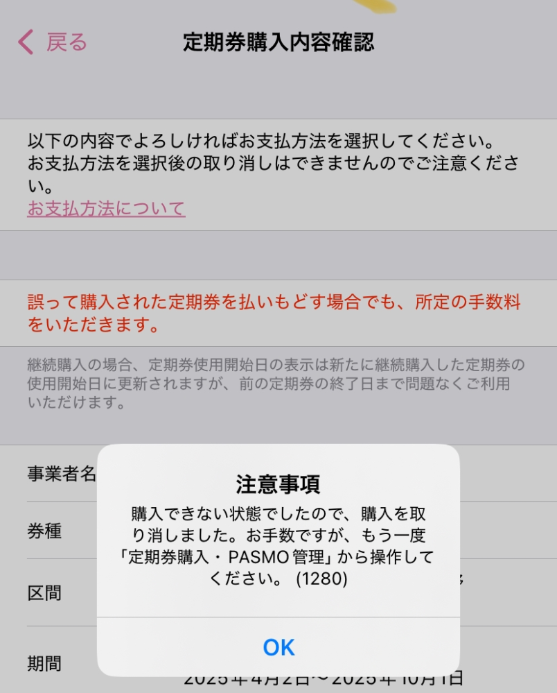 モバイルPASMOで定期券を購入したいのですが、何度行ってもエラー(128 