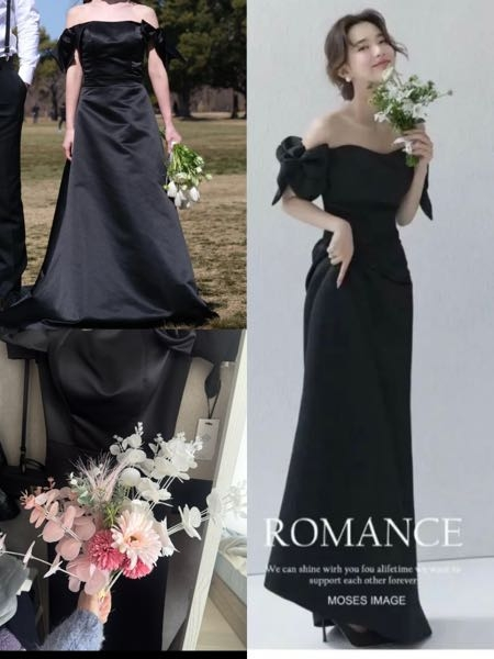 結婚式の前にセルフで前撮りをする予定です。この黒ドレスに可愛らしいピンクの造花は合いますでしょうか…？ 少し、浮いている気がして…（т-т）アクセサリーは黒のチュール花のピアス、ポニーテールで黒リボンをつける予定です。 海で撮る予定です。