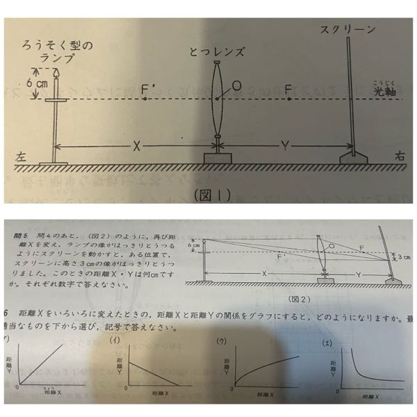 図1のように、とつレンズの左側のある位置に、下端がとつレンズの光軸上にくるように、高さ6㎝のろうそく型のランプを置き、とつレンズの右側のある位置に、とつレンズと平行になるようにスクリーンを置くと、 スクリーンにランプの像がうつりました。このあと、ランプからとつレンズまでの距離Xをいろいろに変え、スクリーンにランプの像がはっきりとうつるときの、とつレンズからスクリーンまでの距離Yやできた像の大きさを調べました。これについて次の問いに答えなさい。ただし、点Oはとつレンズの中心を、点 F・ F‘はそれぞれ、とつレンズの左・右から太陽光線を光軸と平行にあてたときに光があつまる点を示しています。 問1 点 F・ F‘を何といいますか。 →焦点 ？ 問2 （図1）で距離Xを20㎝にして、ランプの像がはっきりうつるようにスクリーンを動かすと、ある位置で、スクリーンにランプと同じ6㎝の像がはっきりうつりました。このときの距離Yは何㎝ですか。数字で答えなさい。 →20㎝ ？ 問3 問2から点Oから点 Fまでの距離は何㎝だとわかりますか。 →10㎝ 問4 問2のあと距離Xを20㎝よりも少し短くすると、スクリーンにうつったランプの像がぼやけました。スクリーンにはっきりとした像がうつるようにするためには、問2の時と比べて距離Yをどのようにすればよいですか。また、そのときスクリーンにはっきりうつったランプの大きさは、問2の時と比べてどのようになりますか。下から選びそれぞれ記号で答えなさい。 距離Y （ア）長くする。（イ）短くする。 像の大きさ（ウ）大きくなる。（エ）小さくなる。 →ア、エ 問5 問49あと、図2のように再び距離Xを変え、ランプの像がはっきりとうつるようにスクリーンを動かすと、ある位置でスクリーンに高さ3㎝の像がはっきりとうつりました。この時の距離X・Yは、何㎝ですか。それぞれ数字で答えなさい。 →X30㎝、Y15㎝ ？ わからないので解説お願いします。 問6 距離Xをいろいろに変えたときの距離Xと距離Yの関係をグラフにすると、どのようになりますか。最も適当なものを下から選び記号で答えなさい。 →イ ？ 解説をお願いします。