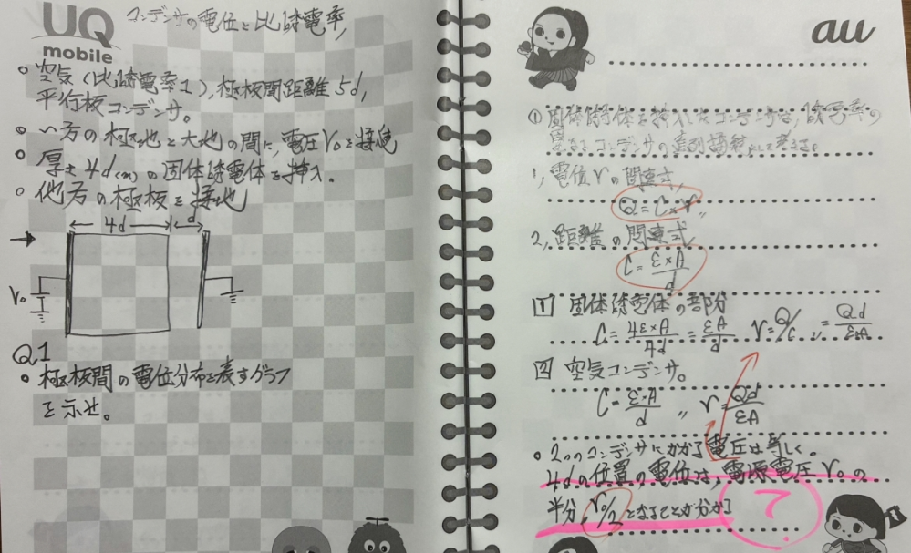 【電験3】みん欲。 【4dの位置の電位は、電源電圧vの半分、v/2となることが分かる。】という部分が理解できません。 汚い字及び写真ですが、ノートを添付しました。もし、よろしければ考え方を教えていただきたく思います。