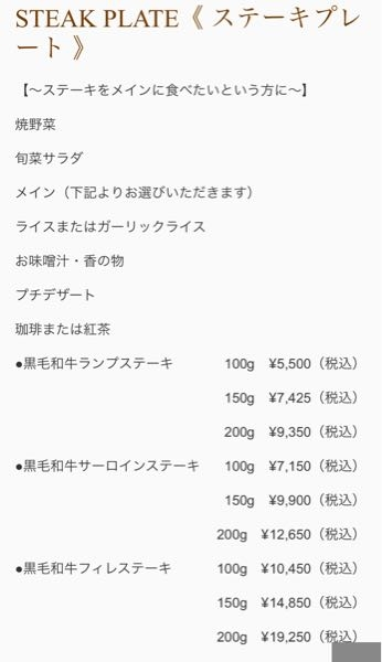 静岡県伊東市にあるグランディティーだかの、ステーキ屋のメニューなんですが これって、メイン？のご飯とかデザートも含めての金額なんでしょうか？ ランプステーキ100ｇで5500だと合計金額5500なんですかね？ メインの？サラダとかガーリックライス等は別金額なんですかね？ 調べてもわからなくて。