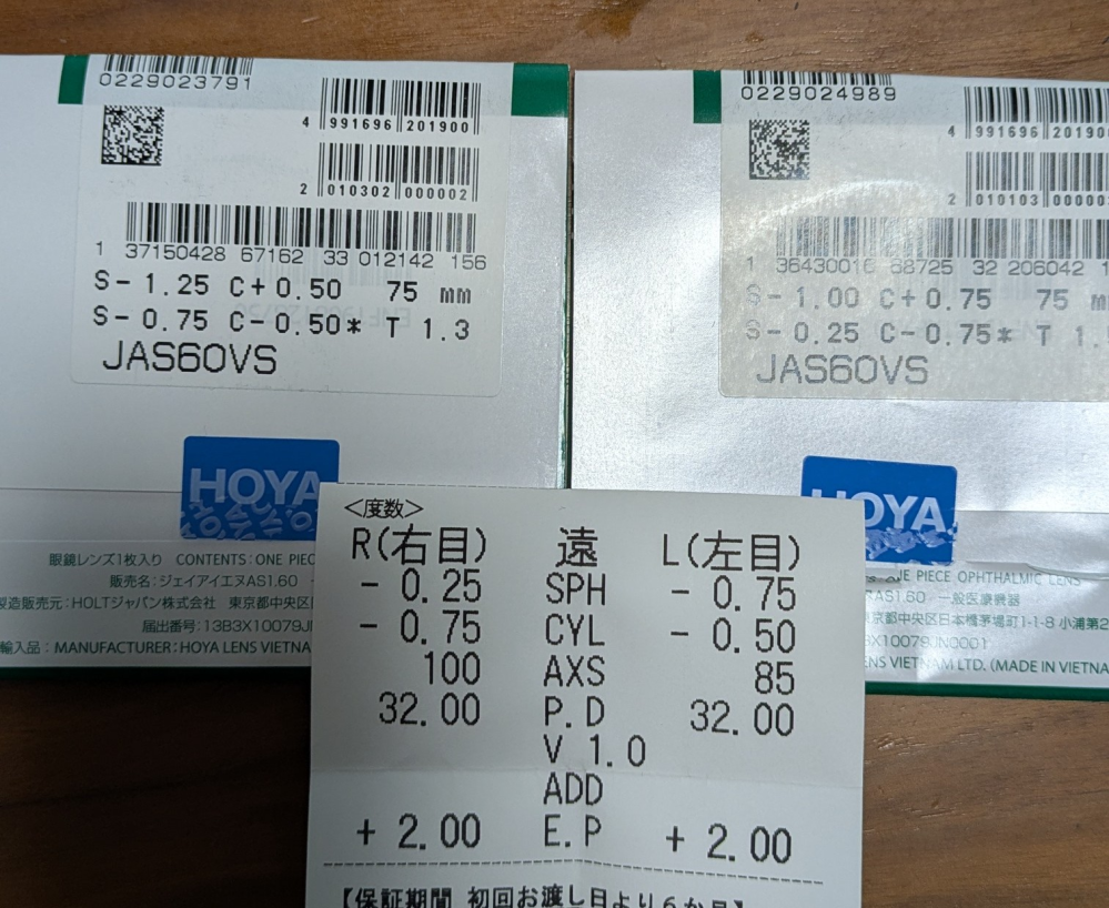 JINSでメガネを作ったのですが、このレンズの袋で視力っていくつか