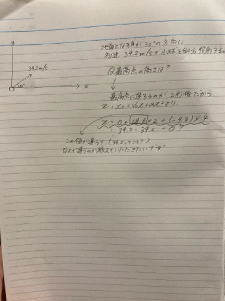 物理の問題です！ 斜方投射のやつです！ どこが違っているのか教えてください！