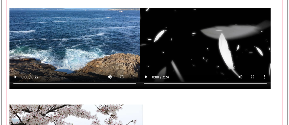 borderプロパティで枠線を設定して、その中にアップロードされた画像or動画を3件（横に2、回り込んで1）表示しております。 画像or動画を横並びにした際に1つめのコンテンツと2つ目のコンテンツの間のみ margin: 10px で間隔を開けて、2つ目のコンテンツと枠線の間には margin: 5px で間隔を開けたいのですが、どうすれば良いでしょうか？ <html> <div class="uploadfile-area"> <div class="image-camera-icon"><video controls="null" class="changeImg" src="" style="height: 350px; width: 520px; object-fit: fill;"></video> </div> <div class="image-camera-icon"><video controls="null" class="changeImg" src="" style="height: 350px; width: 520px; object-fit: fill;"></video> </div> <div class="image-camera-icon"><video controls="null" class="changeImg" src="" style="height: 350px; width: 520px; object-fit: fill;"></video> </div> </div> </html> <style> .board_respond div#confirm_area .uploadfile-area .image-camera-icon { margin-top: 10px; margin-right: 20px; margin-bottom: 20px; display: inline-block; } </style>