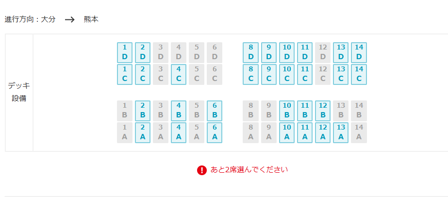 九州横断特急の座席について教えてください。 JR九州のサイトで予約をしようとしているのですが 座席選択の画面で気になることがあり質問させていただきました。 画像の通り6列目と8列目の間が空白になっていますがどうなっているのでしょうか？ 荷物置き場でしょうか？ 過去に乗車したことがあるのですが、その時はそんな空間なかったような気がするのですが… ご存じの方いらしたら教えてください。 よろしくお願いします！