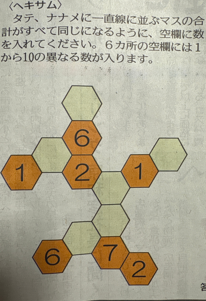 画像のパズル（ヘキサム）の解き方を教えていただきたいです。 答えも見たのですが、恥ずかしながら理解できませんでした。 3マスの合計の導き方、解き方を教えてください。