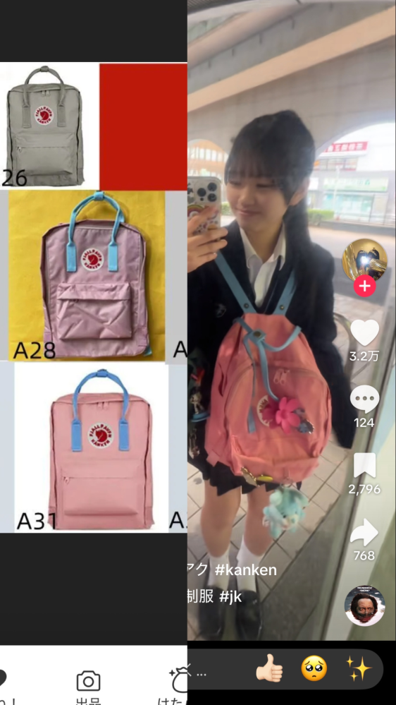 カンケンで右の写真のカラーって左の上と下どっちですか？それか全然違うものですか？