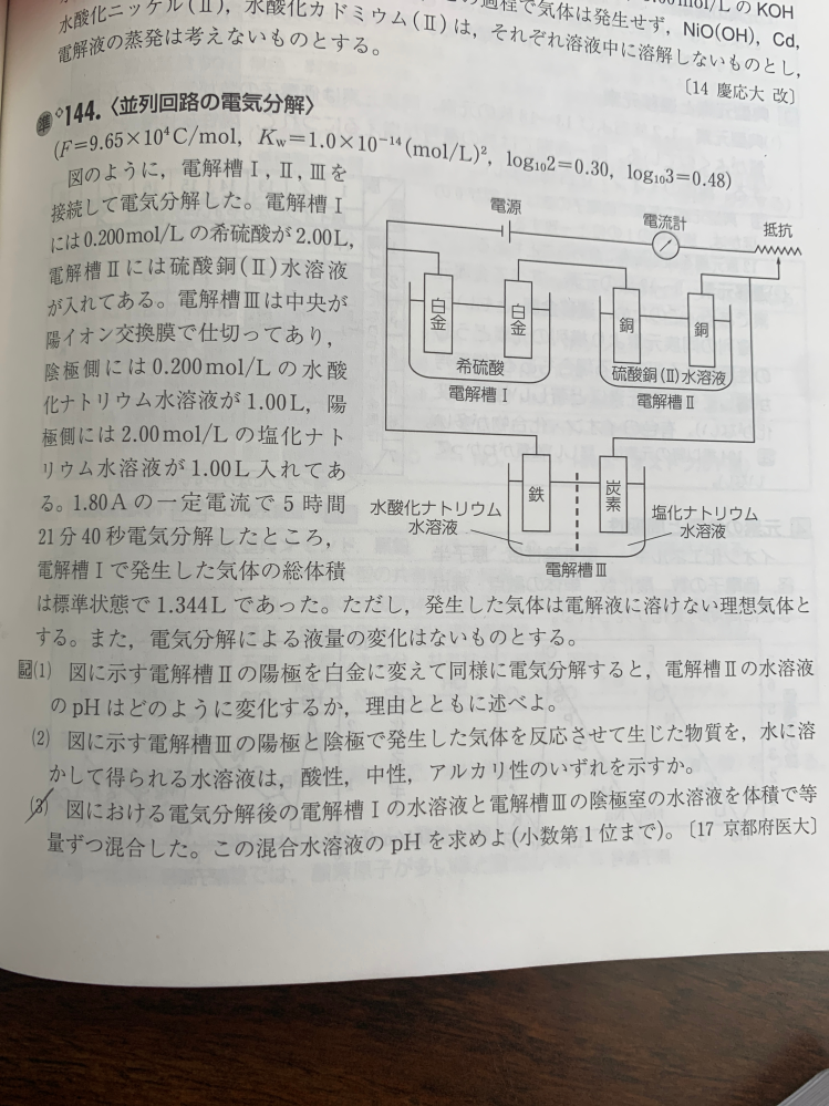 化学重要問題集144についてお聞きします。電解槽1での電気分解では水が
