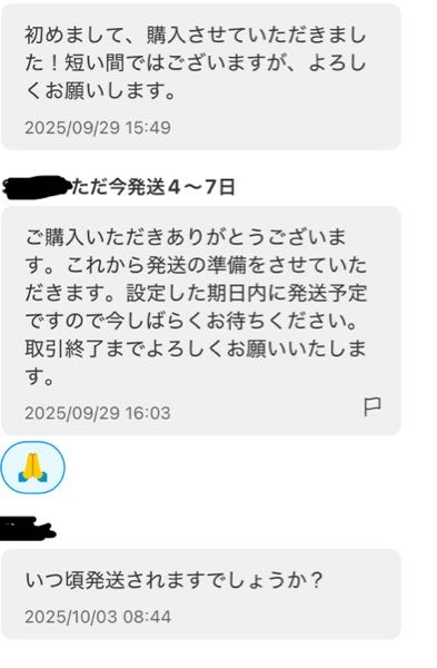 メルカリにて、発送期限が2~3日との事。4日経っても音沙汰かなかったの