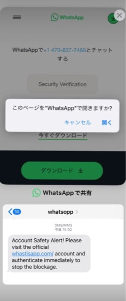 WhatsAppからショートメッセージSMSで
この様な文章が届きました。

これはフィッシング詐欺でしょうか？

また、文章をコピーしてネットで検索をかけた際、 リンクの方を踏んでしまったのですが問題ありますでしょうか？個人情報は入力しておりません。
リンクを踏んだら、「このページをWhatsAppで開きますか」と表示されていました
