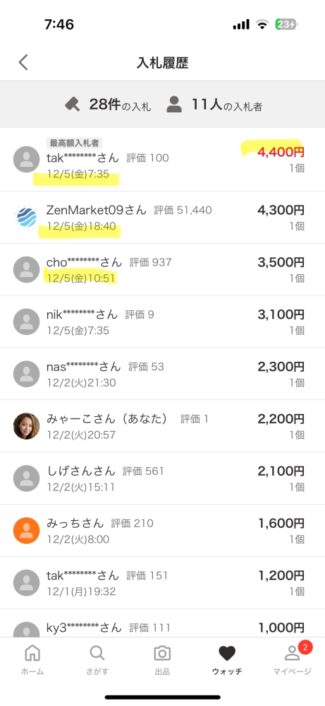 ヤフオクの入札履歴に表示されている時間の意味を教えてください落札 