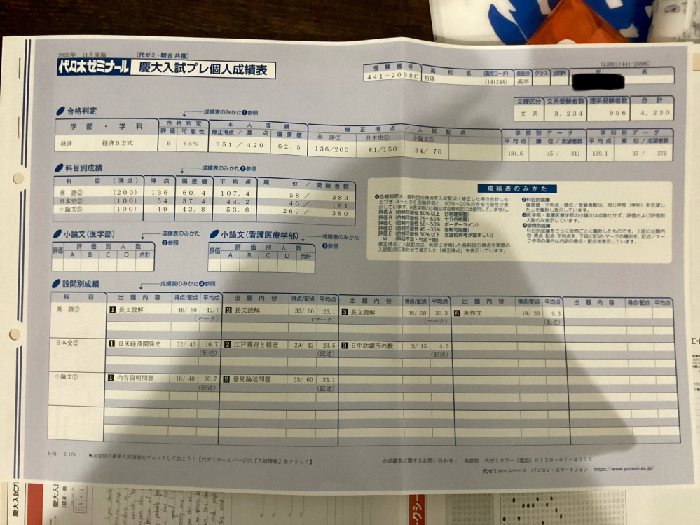 先ほど代ゼミの慶大プレを受けました。自己採点の結果は英語104/20