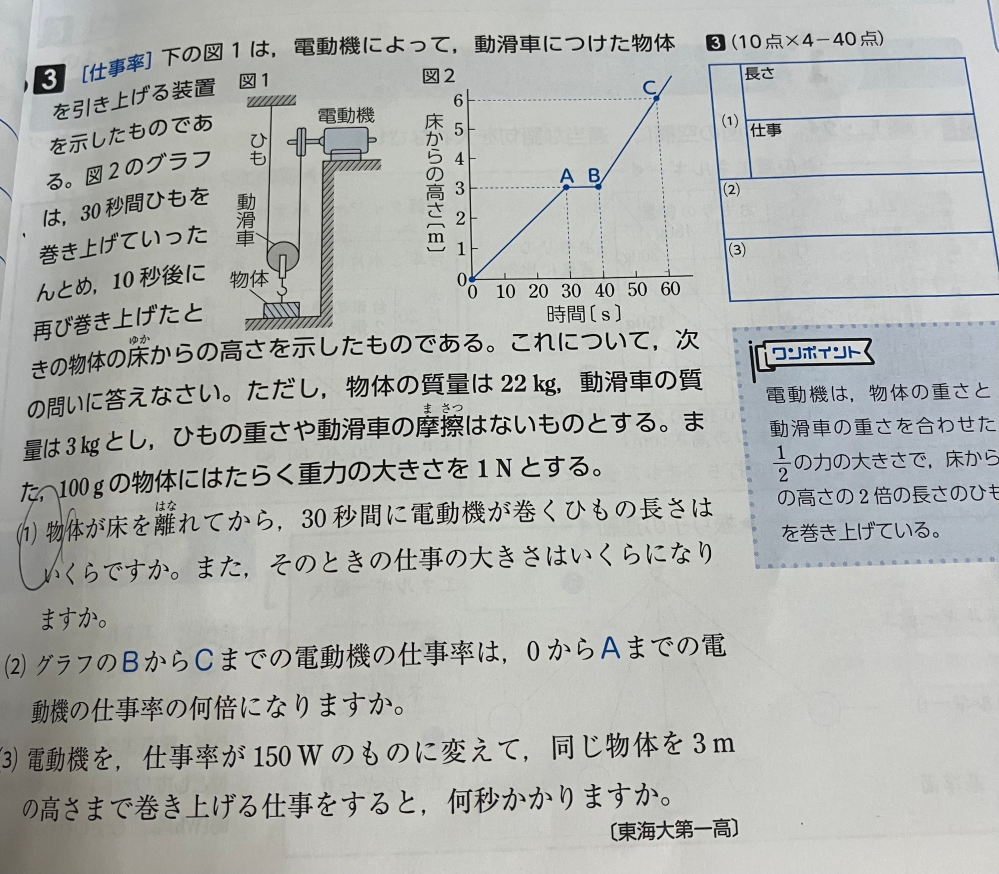 至急です！(1)は、なんで動滑車なのに質量が250ニュートンの半分になって距離は3mの倍にならないんですか？！
