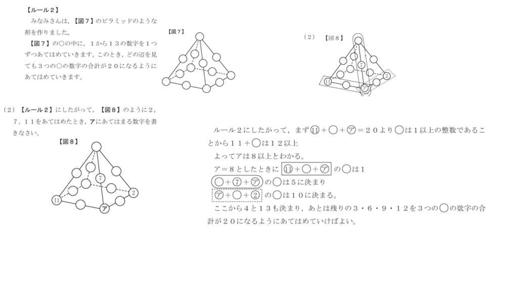 中受の問題の解き方を教えてください。添付の右側が問題、左側が解答