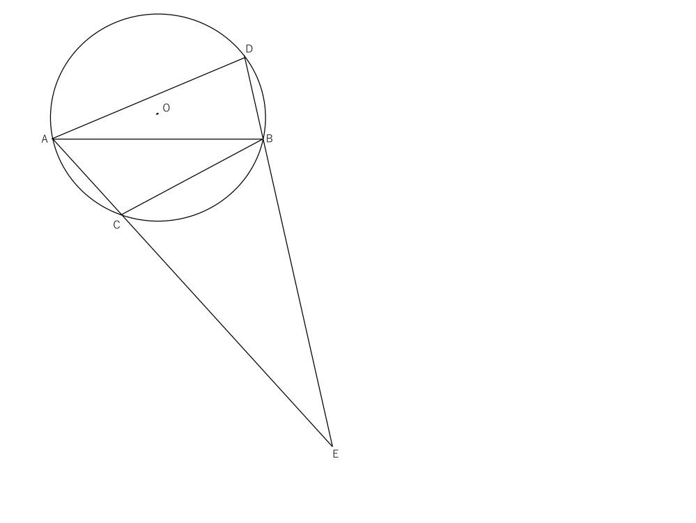 右の図は点Ｏを中心とする円Ｏを表している。線分ＡＢは点Ｏを通らない直線で、ＡＢ＝１０である。さらにＡＣ＝ＤＢ＝４となるように，弧ＡＢが短い方に点Ｃを，弧ＡＢが長い方に点Ｄを円周上に取る。 ＡＣとＤＢの交点をＥとする。また△ＡＢＣと△ＢＡＤの面積比は４：５である。 このとき ①CEの長さを求めよ。 ②ADの長さを求めよ。 この②は余弦定理を用いず求めることは可能ですか？