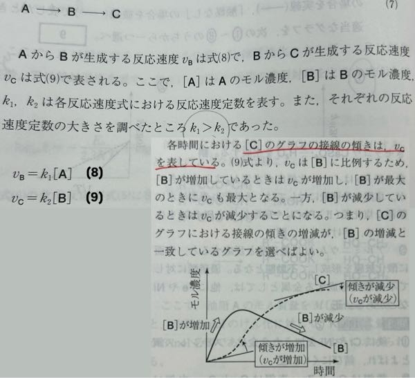 『各時間における[C]のグラフの接線の傾きはVcを表している』ってなぜですか？ たしかに、[B]が増えている間は[C]も遅れて増えるし、[B]が減っている間は[C]が増えにくくなるなとは思いますが、、