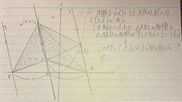 中3数学二次関数:下の画像にあるようにx軸上に点Dを、△ABCの面積と△ABDの面積が等しくなるようにとるとき、点Dは２つ座標をとることができるんですよね…？分かる人は教えていただけると幸いです。