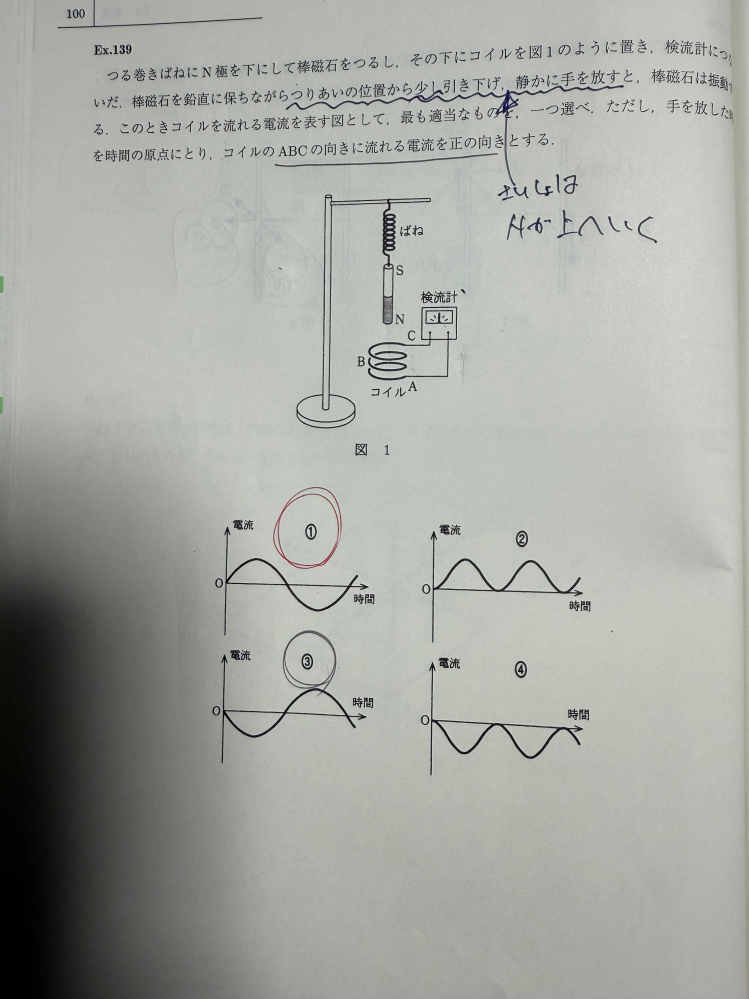 汚くてすいません。N極が上に行く→下向きの磁束が減る→下向きを増やす方向に電流が流れる 電リュが流れる向きはC→A→Bで図は3じゃないんですか