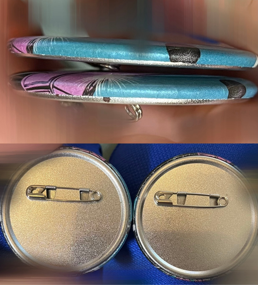 缶バッジについて質問です。フリマサイトで購入した同じ絵柄の缶バッジ