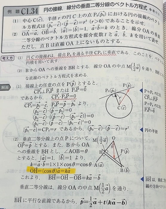 ベクトル方程式の問題です 写真の問題(2)なのですが、ハイライトした部分が理解できません。OHベクトルがaベクトルで表すことができるのは理解しているのですが、 cosθを使うと cosθbベクトルになるように感じてしまいます。 解説をお願いしたいです。
