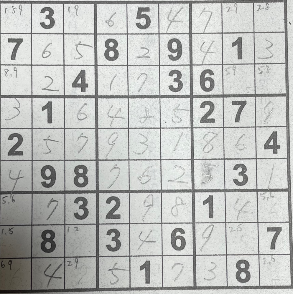 ナンプレで行き詰まっております。この盤面から、仮の数字を当てはめ