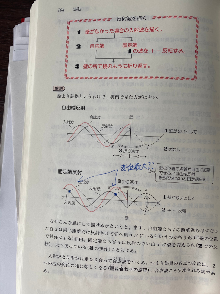 高校物理について質問です。 色々な問題を解いている中で合成派の変位は「入射波と反射波の交点で最大になる」ということに気づきましたが、証明できません。 1、そもそもその仮説は合っているのか？ 2.合っているとしたらどうやって証明すればよいのか？ 高校物理の範囲でお願いいたします！！
